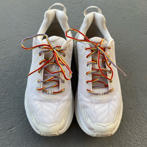 hoka white shoes with rainbow laces